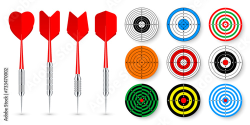Paper targets with dart arrows and shadows. Shooting range round target, divisions, marks and numbers. Gun shooting practise and training, sport competition. Bullseye and aim. Vector illustration