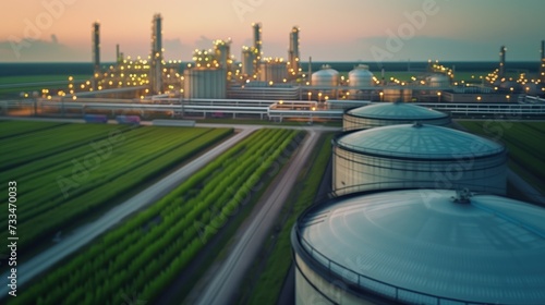 Sustainable biofuel: Tanks storing biofuel derived from agricultural waste, with the bioenergy facility in soft focus photo