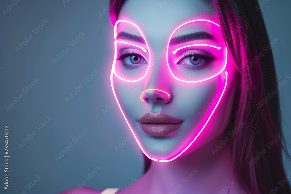 A glamorous woman's bright pink lips and fluttering eyelashes are accentuated by the neon lights adorning her face, exuding confidence and modern femininity