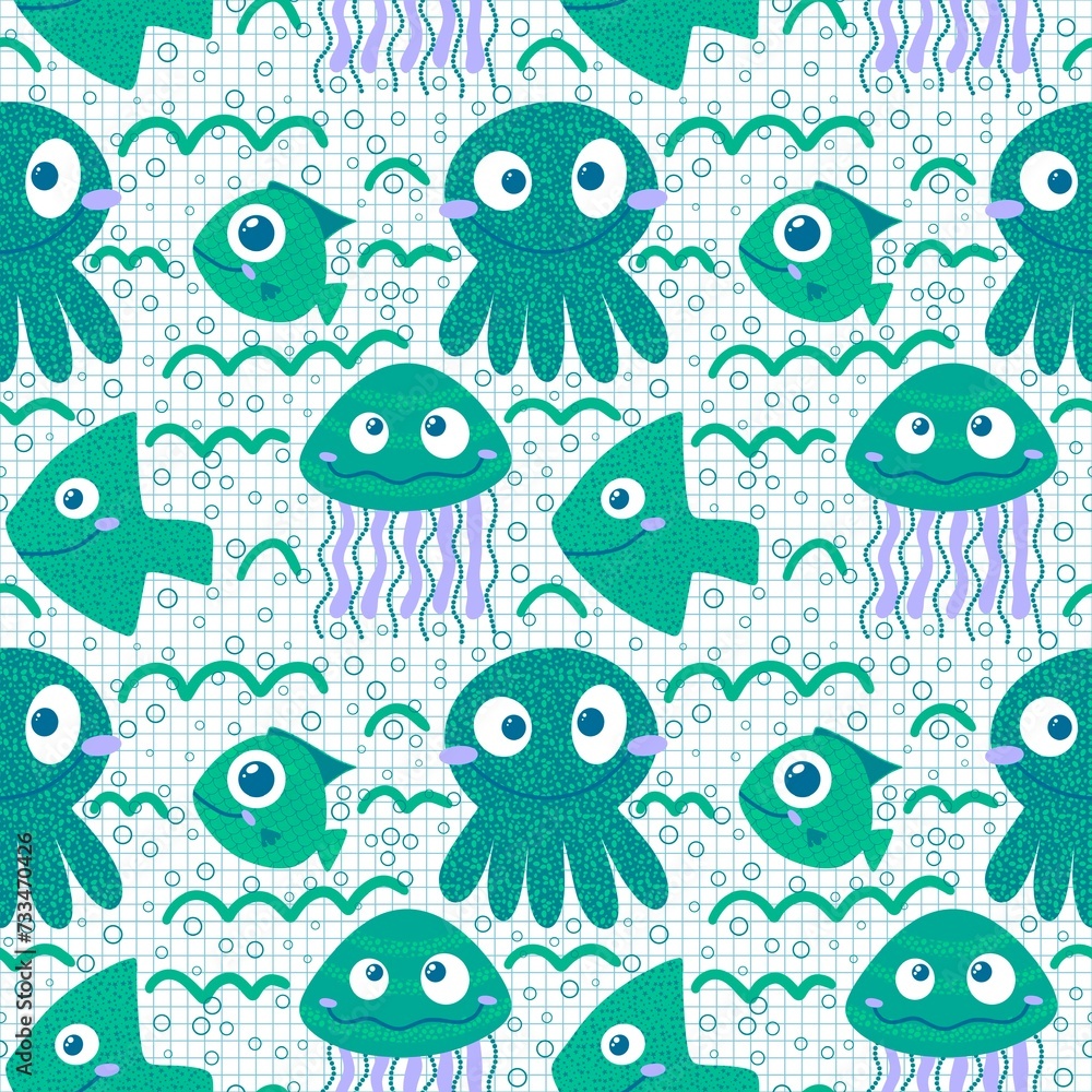 Fototapeta premium Ocean animals seamless jellyfish and crabs and starfish and fish and octopus pattern for wrapping paper