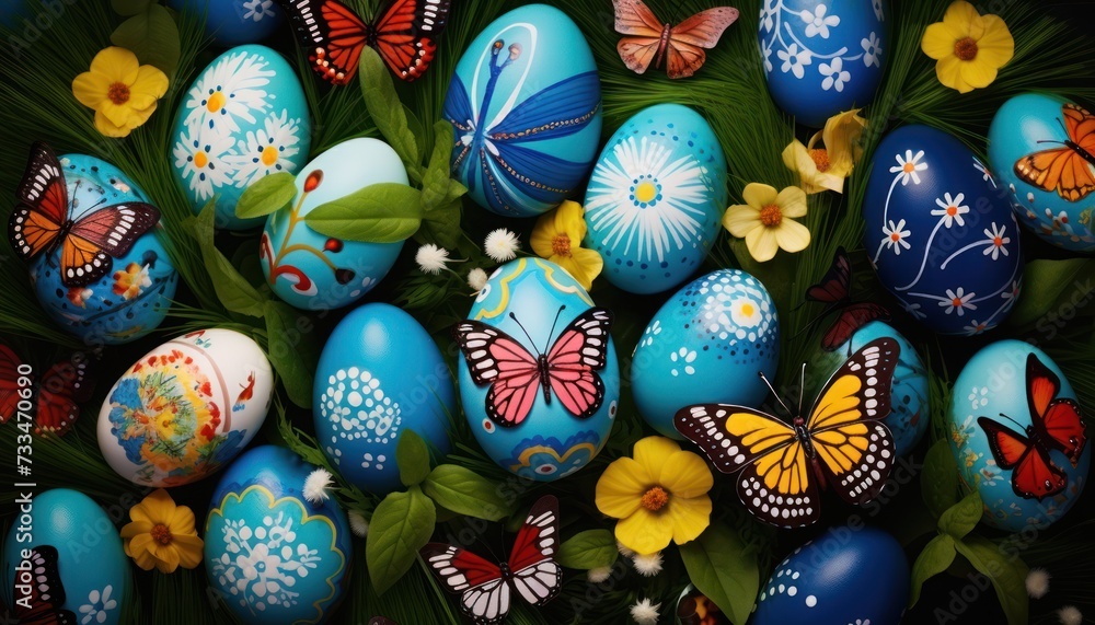 Various Easter eggs with spring pattern theme and spring flowers in Green Grass background Various Easter eggs with spring pattern theme and spring flowers in Green Grass background