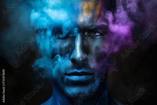 In this haunting portrait, a man's face is engulfed in dark smoke, creating a sense of mystery and intrigue as he appears to be both human and ethereal