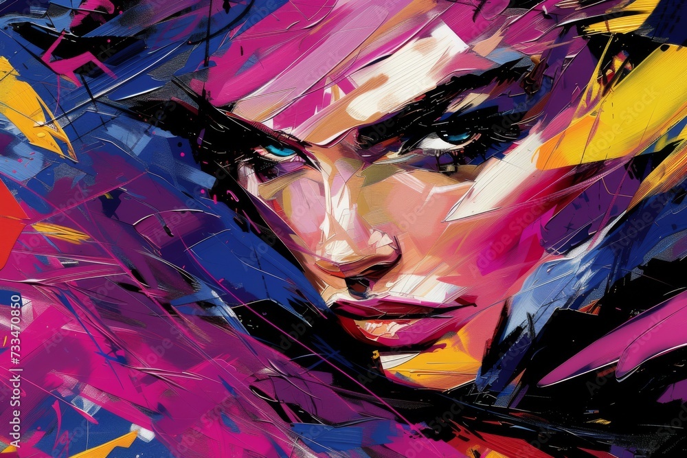 A vibrant and captivating portrait of a woman, brought to life through bold strokes of acrylic paint and delicate pastel accents in this modern artwork