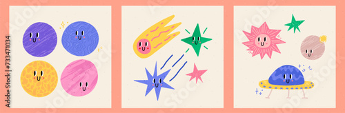 Fantasy doodle invitation with colorful space elements. IG post or gift cards set. Trendy graphic template. Vector contremporary illustrations with planets and stars.