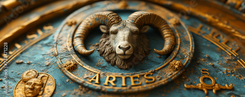 Astrology calendar. Aries magical zodiac sign astrology. Esoteric horoscope and fortune telling concept. Aries zodiac in universe.