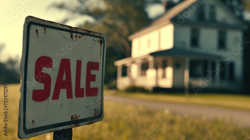 A sign with the inscription "Sale", against the backdrop of a large house with a lawn and a fence. Sale and purchase of real estate, debt, mortgages and bankruptcy. Illiquid property, housing crisis