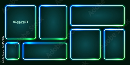 Glowing neon banners, illuminated colorful square frames. Shiny vibrant border, glow effect. Azure vintage retro lights, night illumination. Modern futuristic UI design elements. Vector illustration