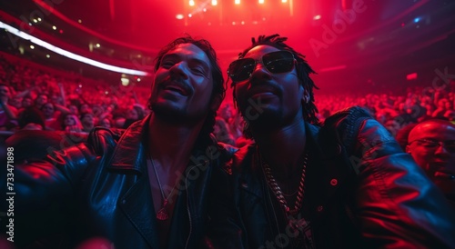 Two men capture a moment of pure joy in a sea of red at a pulsating concert, surrounded by the electric energy of the crowd and the beat of the music