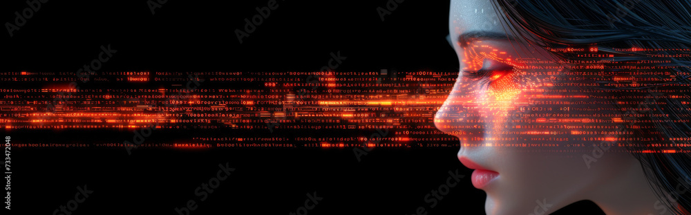 Digital composite of Woman face with binary code against black background 3d. Cyber security and data protection concept. Digital composite of Woman face with binary code against black background 3d. Cyber security and data protection concept.