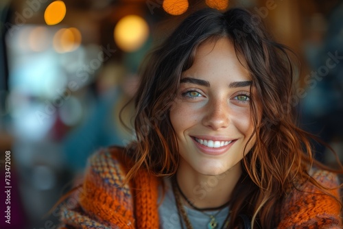 A vibrant woman exudes confidence as she flashes a radiant smile, her layered brown hair framing her face in this stunning outdoor portrait