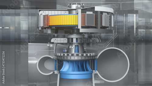 Generator of hydroelectric power plant in section. Internal structure of Francis hydro turbine and spiral casing. Industrial design of rotor with stator. 3d illustration photo