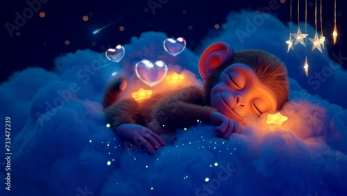 Lullaby For Babies video template looping cute baby monkey sleep on cloud, relax and nice dream on night video looping 4k quality