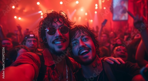 Two men capture the vibrant energy of a nightclub festival in a red-hued selfie, their faces illuminated with the excitement of live music and entertainment