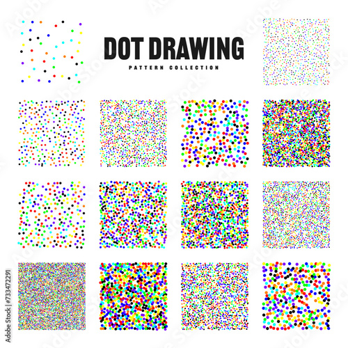 Square shaped dotted objects, vintage stipple elements. Stippling, dotwork drawing, shading using dots. Halftone effect. Colored noise grainy texture, pattern. Vector illustration.