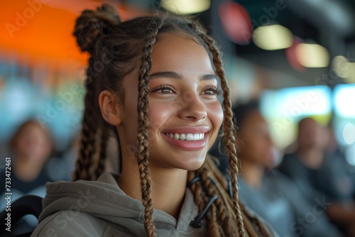 A stylish woman exudes confidence and joy as she showcases her braided dreadlocks and fashion accessories, radiating beauty from within