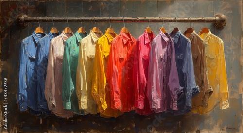 A person stands amongst a vibrant array of clothing, each shirt an artful masterpiece, creating a beautiful indoor painting