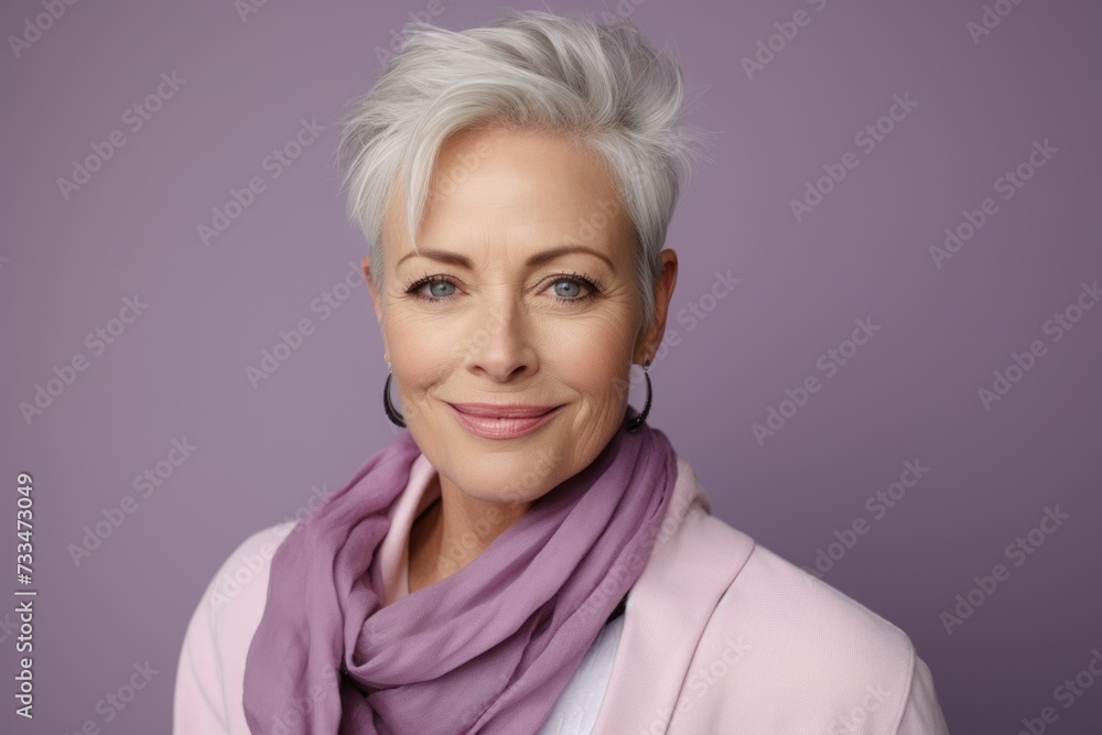 Portrait of a beautiful senior woman with short grey hair and a pink scarf Portrait of a beautiful senior woman with short grey hair and a pink scarf