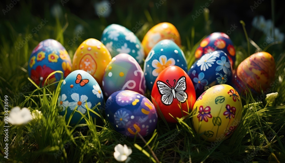Various Easter eggs with spring pattern theme and spring flowers in Green Grass background Various Easter eggs with spring pattern theme and spring flowers in Green Grass background