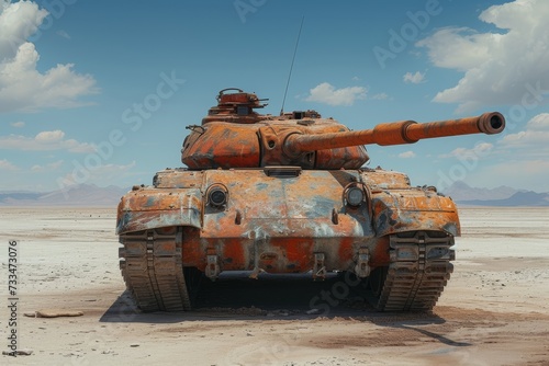 A once mighty symbol of warfare now sits abandoned in the vast expanse of the desert, its gun turret pointed towards the sky as clouds pass by, a reminder of the destructive power and fleeting nature photo