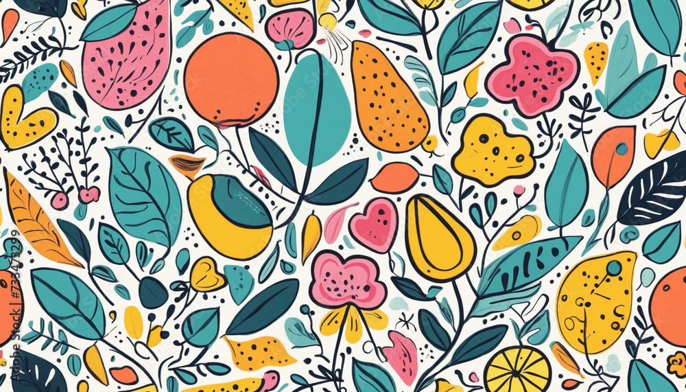 Abstract modern art seamless pattern with colorful freehand doodles. Organic flat cartoon background, simple summer shapes in bright childish colors. 