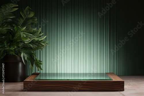 corrugated glass stands on a minimalist podium  VIRIDIS natural and calm green color  reminiscent of sage leaves 