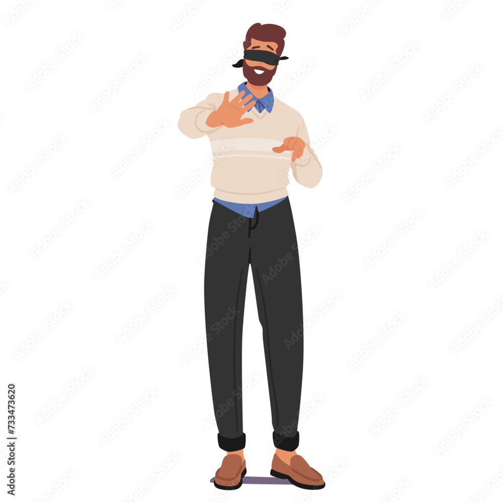 Blindfolded Man Character Extends Hands Cautiously, Feeling The Air Around Him. Fingers Brush Against Unseen Boundaries Blindfolded Man Character Extends Hands Cautiously, Feeling The Air Around Him. Fingers Brush Against Unseen Boundaries