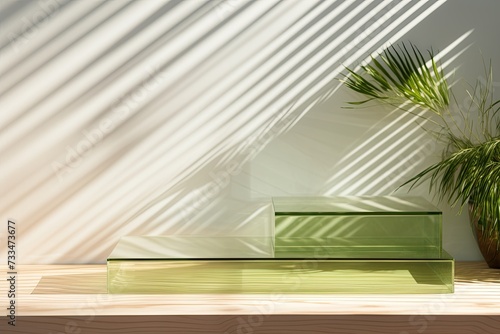 corrugated glass stands on a minimalist podium  VIRIDIS natural and calm green color  reminiscent of sage leaves 