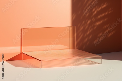 laconic background with corrugated glass in color APRICOT CRUSH orange peach shade that reminds of summer sun and warm days . Artificial nature minimal concept.