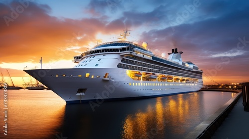 majestic cruise ship docked at twilight with glowing lights