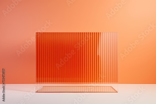  laconic background with podium corrugated glass in color APRICOT CRUSH orange peach shade that reminds of summer sun and warm days . Artificial nature minimal concept.