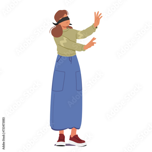Blindfolded Woman Stands In Solitude, Relying On Touch And Sound. Her Senses Weave A Silent Tapestry, Revealing Unseen