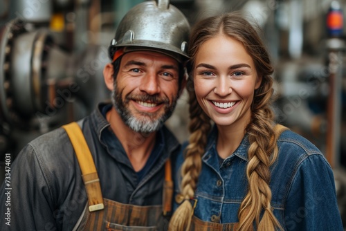 A couple's beaming smiles light up the room as they proudly don their work attire, complete with hard hats and helmets