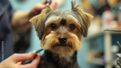 Crop groomer cutting face fur of calm dog in veterinary salon