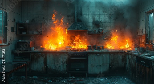 Amidst the chaos of flames and smoke, a kitchen becomes a furnace, spewing pollution and heat like a factory gone awry