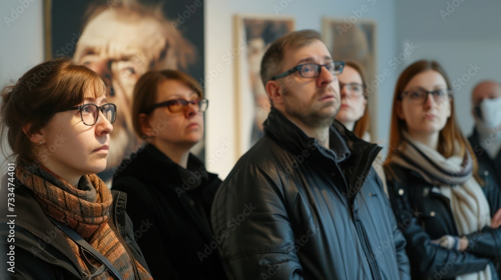 Group of people with glasses stand during an exhibition at the gallery