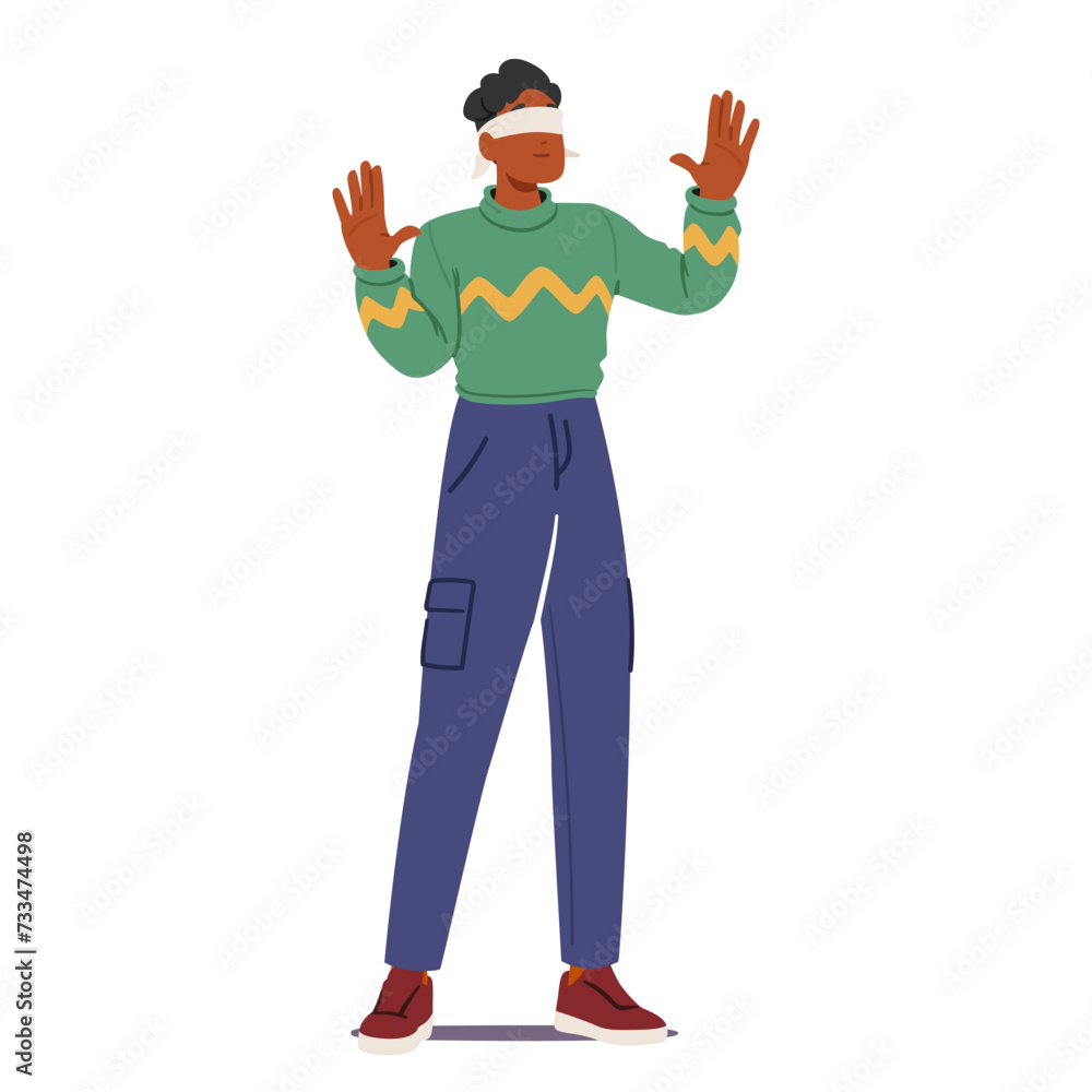 Blindfolded Man Extends Hands Tentatively. Confused Male Character Seeking Touch To Navigate Surroundings Blindfolded Man Extends Hands Tentatively. Confused Male Character Seeking Touch To Navigate Surroundings