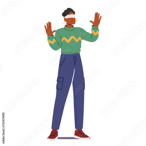 Blindfolded Man Extends Hands Tentatively. Confused Male Character Seeking Touch To Navigate Surroundings