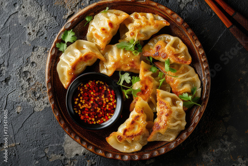 Trendy Gyoza Dumplings Close-up, street food and haute cuisine
