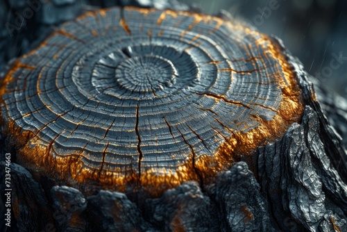 A weathered tree stump stands stoically amidst the rugged outdoor terrain, its gnarled wood contrasting against the smooth rocks surrounding it