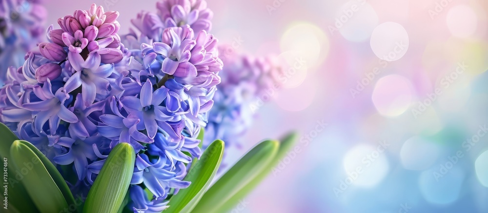 Obraz premium Spring-themed background featuring hyacinth flowers, suitable for 8 March, Mother's Day, and Easter, with available space for customization.