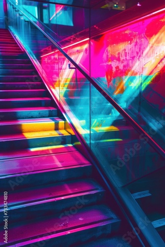 abstract background with lines, The dynamic neon purple lights bring a futuristic vibe to this urban architectural scene, with reflections and symmetry creating an abstract and vibrant city life 