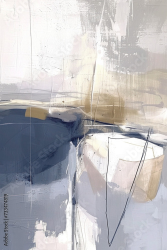 This abstract art piece features a minimalist approach with acrylic painting techniques, showcasing blue and neutral tones. The texture created by brush strokes adds depth to the modern background
