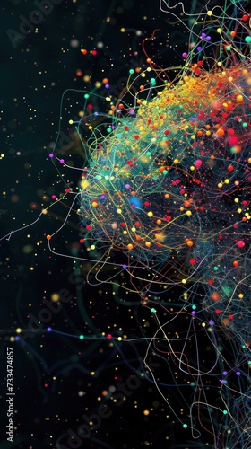 A colorful explosion of an abstract neural network, this background illustrates a vibrant and intricate pattern that could symbolize complex data visualization or a technology concept..