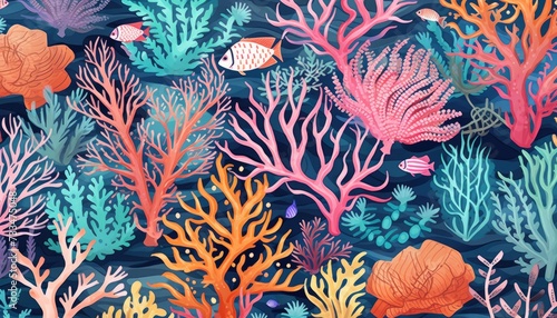 Fototapeta Naklejka Na Ścianę i Meble -  Seamless coral reef sea life illustration pattern --ar 7:4 Job ID: 8556a866-f8d6-4548-85c8-0481b4fd4aab