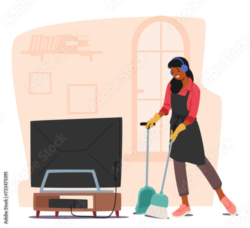 Graceful Woman Sweeps The Floor, Lost In Rhythm of Melodies. With Each Sway Of The Broom, Female Character Dances