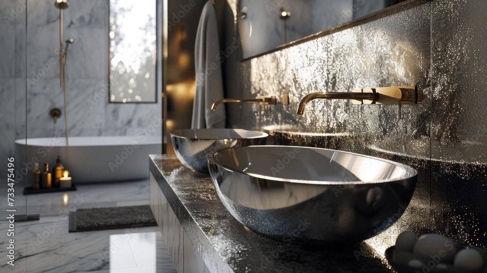 Luxurious Bathroom with Golden Sink and Elegant Modern Fixtures ,grey background Melty metallic textures elevate interior design Luxurious Bathroom with Golden Sink and Elegant Modern Fixtures ,grey background Melty metallic textures elevate interior design