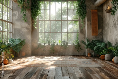 A cozy indoor garden with potted plants and a sunny window, adding life and warmth to the wooden floors of a building