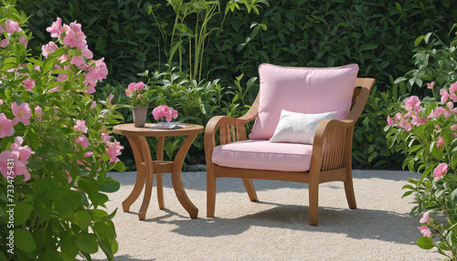 Relaxation in a formal garden comfortable chair, pink blossoms  © Random_Mentalist