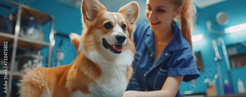 Female pets groomer working with a corgi in a grooming salon