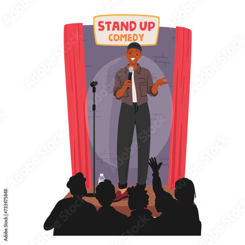 Male Artist Confidently Commands The Stage, Delivering Uproarious Punchlines With Impeccable Timing, Vector